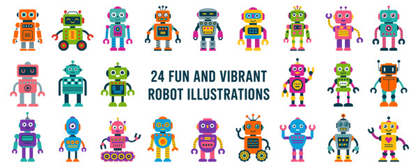 24 vibrant robot illustrations with fun details for children’s books, technology themes, and creative design projects