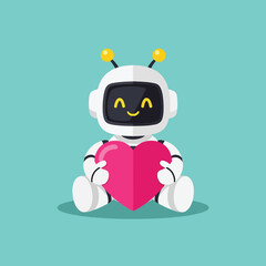 Adorable Cartoon Robot Holding a Pink Heart with a Happy Expression.
