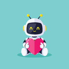 Adorable Cartoon Robot Holding a Pink Heart with a Smiling Face.
