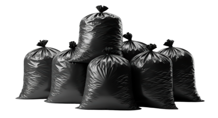 Group Of Black Garbage Bags Stacked Together isolated on Transparent Background, Cleanliness And Waste Management Concept