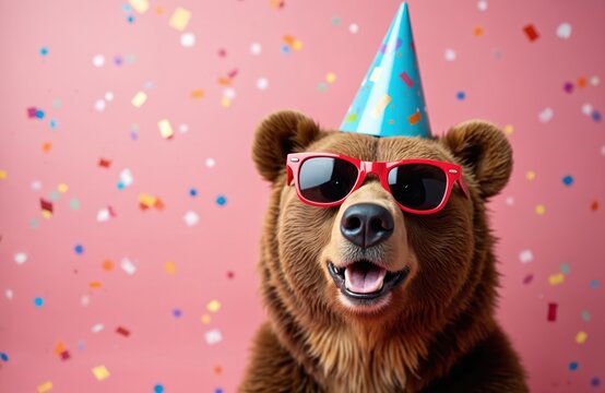 Brown bear wears party hat and sunglasses with confetti falling on pink background. Animal has open mouth, happy expression. Funny birthday concept.