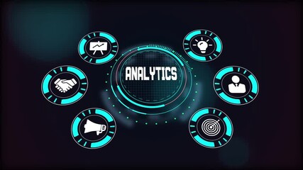 Business data analytics, futuristic virtual screen showing strategic insights, trends, and information processing.