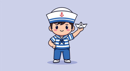 Adorable Cartoon Sailor Boy Holding a Paper Boat.