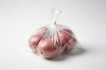 Potatoes in a clear plastic bag on a white background.