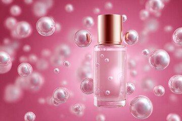 Elegant clear bottle with pink liquid and many floating bubbles on a vibrant rose background
