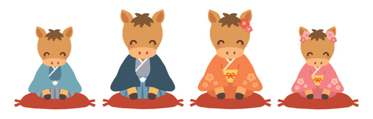 正月午年イラスト　着物を着た家族の馬