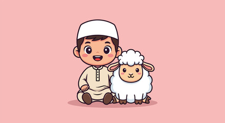 Adorable Muslim Boy in Traditional Attire Poses with a Cute Sheep.