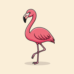 Adorable Pink Flamingo Standing on One Leg Cartoon Illustration.