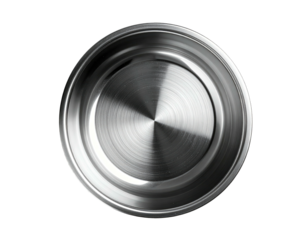 Overhead view of a shiny, metallic, circular container reflecting light