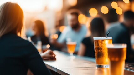 Woman enjoys refreshing golden beer with foam and straw at vibrant bar counter scene, lively social evening gathering creating happy relaxation and afterwork enjoyment atmosphere.