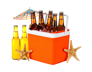 A cooler filled with beer bottles on ice next to starfish and two beach umbrellas