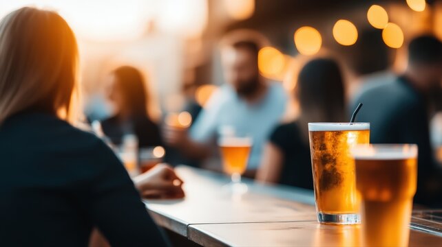 Woman enjoys refreshing golden beer with foam and straw at vibrant bar counter scene, lively social evening gathering creating happy relaxation and afterwork enjoyment atmosphere.