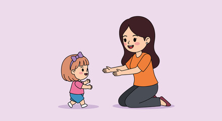 Cartoon mother and daughter embracing with joy and love.