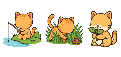 set cute cats fishing and exploring nature