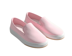 Pair of pastel pink canvas slip-on shoes with white soles on a dark backdrop