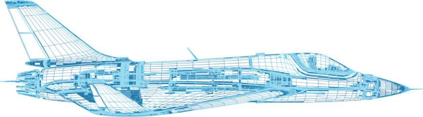 Wireframe jet aircraft, CAD model, aerospace engineering, 3D jet design, aircraft structure, cockpit, wings, engine, simulation, blueprint