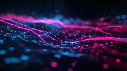 Vibrant abstract digital waves in pink and blue, symbolizing data flow and technological advancements.