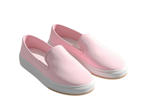 Pair of pastel pink canvas slip-on shoes with white soles on a dark backdrop