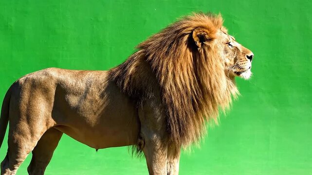 Majestic Male Lion with Full Mane Standing Sideways Against a Vibrant Green Background