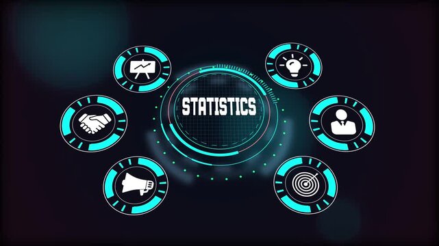 Business statistics analysis, virtual interface showing data, research, and numerical information presentation.