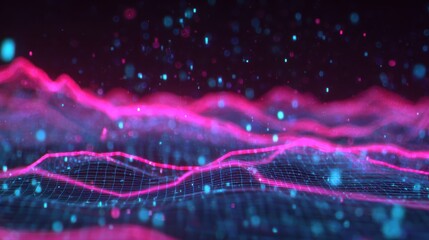Vibrant abstract digital landscape with glowing pink and blue lines, representing data visualization in modern tech.