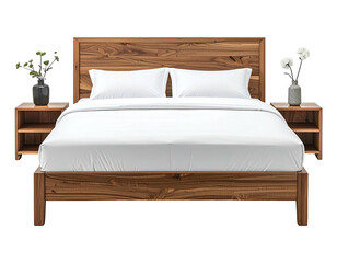 A wooden bed with nightstands, white linens, and floral decor, centered