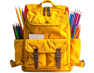 Vibrant yellow backpack filled with colorful pencils and a white paper sheet
