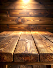 Fototapeta premium A close-up vertical (portrait) composition of a long rustic wooden table. The tabletop fills most of the lower frame with detailed wood grain and natural texture, while the table legs are not visible