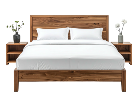 A wooden bed with nightstands, white linens, and floral decor, centered