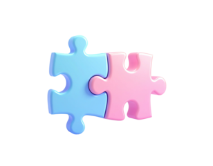 Two jigsaw puzzle pieces, blue and pink, interlocked on a black background