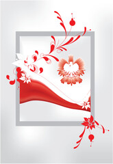 red and white composition with an eagle and white and red elements