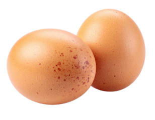 Two speckled brown eggs sit close together against a black background