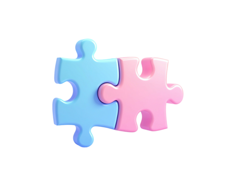 Two jigsaw puzzle pieces, blue and pink, interlocked on a black background