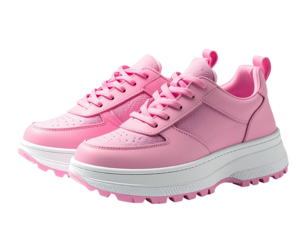 Pastel pink athletic sneakers, thick white sole, side profile, on black background