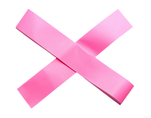 Two crossed, bright pink, sticky tape strips against a black, empty background