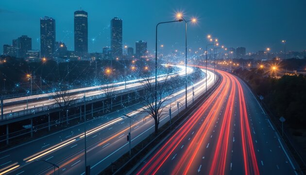 City highway traffic lights move in long exposure photo. Urban transport infrastructure connects with digital data networks. Smart city tech concept future tech. Modern metropolis background with - Powered by Adobe