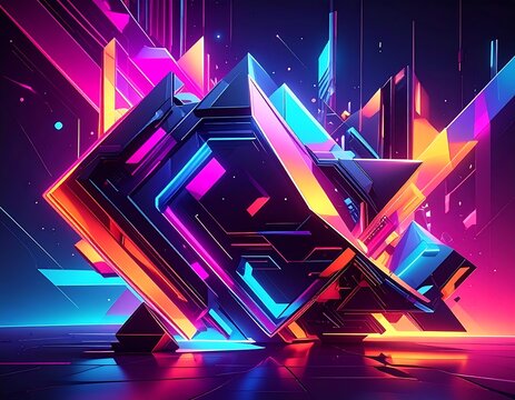Geometric cube with neon lights, futuristic abstract design
