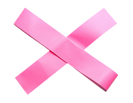 Two crossed, bright pink, sticky tape strips against a black, empty background