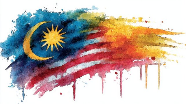 Artistic splash of malaysia flag with crescent and star on vibrant watercolor background. Malaysia Day