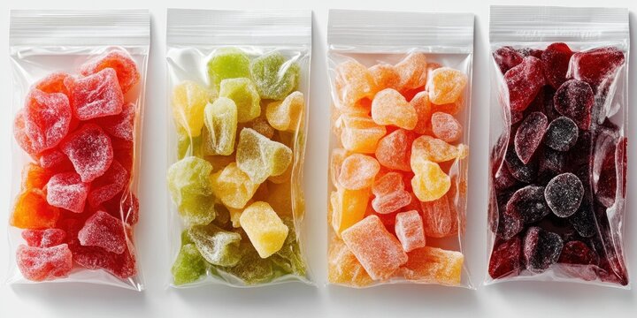 Colorful assorted gummy candies in transparent zipper bags