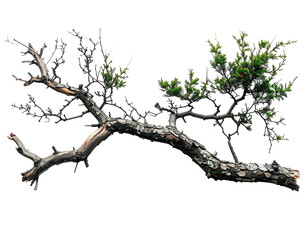 A weathered, gnarled tree branch with a mix of gray wood and vibrant green needles