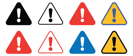 Attention Icon Set. Danger Caution or Alert Risk Warning Vector Symbol in a black filled and outlined style. Safety Notice Sign.Caution signs alert drivers to hazards in construction zone,