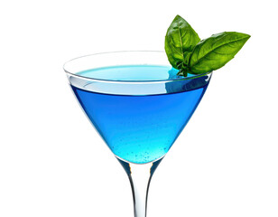 A vibrant blue cocktail in a martini glass with basil garnish on black