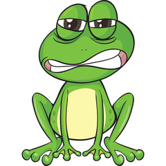 Cartoon Frog With Grumpy Expression and Closed Eyes Sitting Down on Transparent Background Green Frog with Yellow Belly Detailed Vector Art