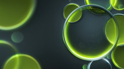 Futuristic neon green bokeh circles with metallic silver accents and data streams for innovative technology product banner and website header

