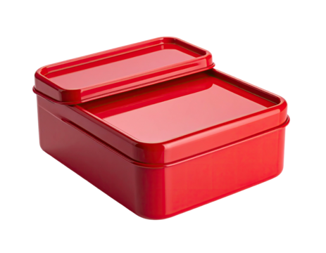 A glossy red rectangular tin with a partially opened lid, set against black