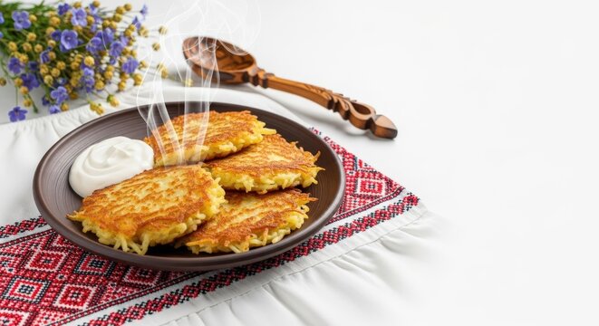 Ultra-Realistic Belarusian Draniki &ndash; Crispy Grated Potato Pancakes with Sour Cream on Hand-Thrown Ceramic Plate, Rushnyk with Red Embroidery, Wooden Spoon & Flax Bouquet, Forest Morning Light