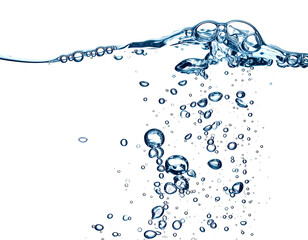 Underwater scene depicts rising bubbles from below against a deep, black background