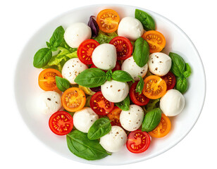 Fresh Caprese salad mozzarella balls, halved tomatoes, basil leaves, white plate