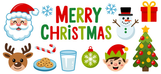 Christmas clipart collection including Santa, snowman, reindeer, Xmas tree, gifts, treats, and festive text. Playful, vibrant graphics for holiday designs